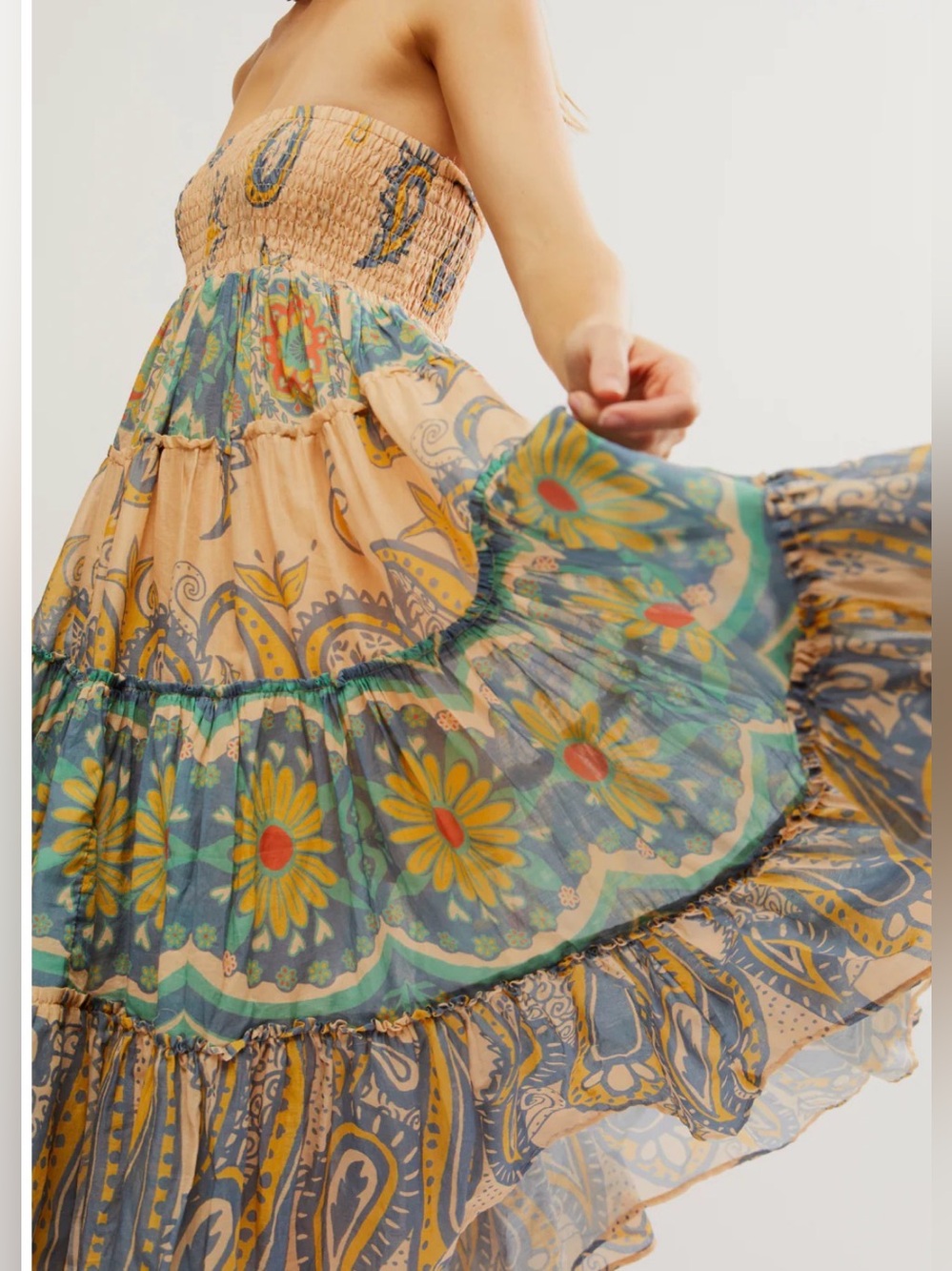 Free People Floral Paisley Tiered Maxi Skirt in Green, Tan & Blue size L - Picture 2 of 7
